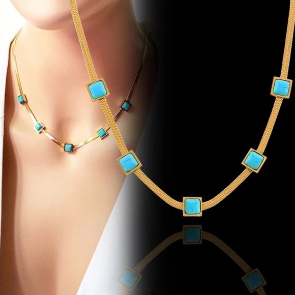Turquoise Blue Stone Square Herringbone Necklace - Picture 9 of 17